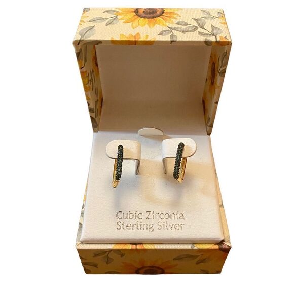 Nanette Lepore Sterling Silver Dark Green Pave Crystal & Gold Toned Rectangular - Picture 1 of 5